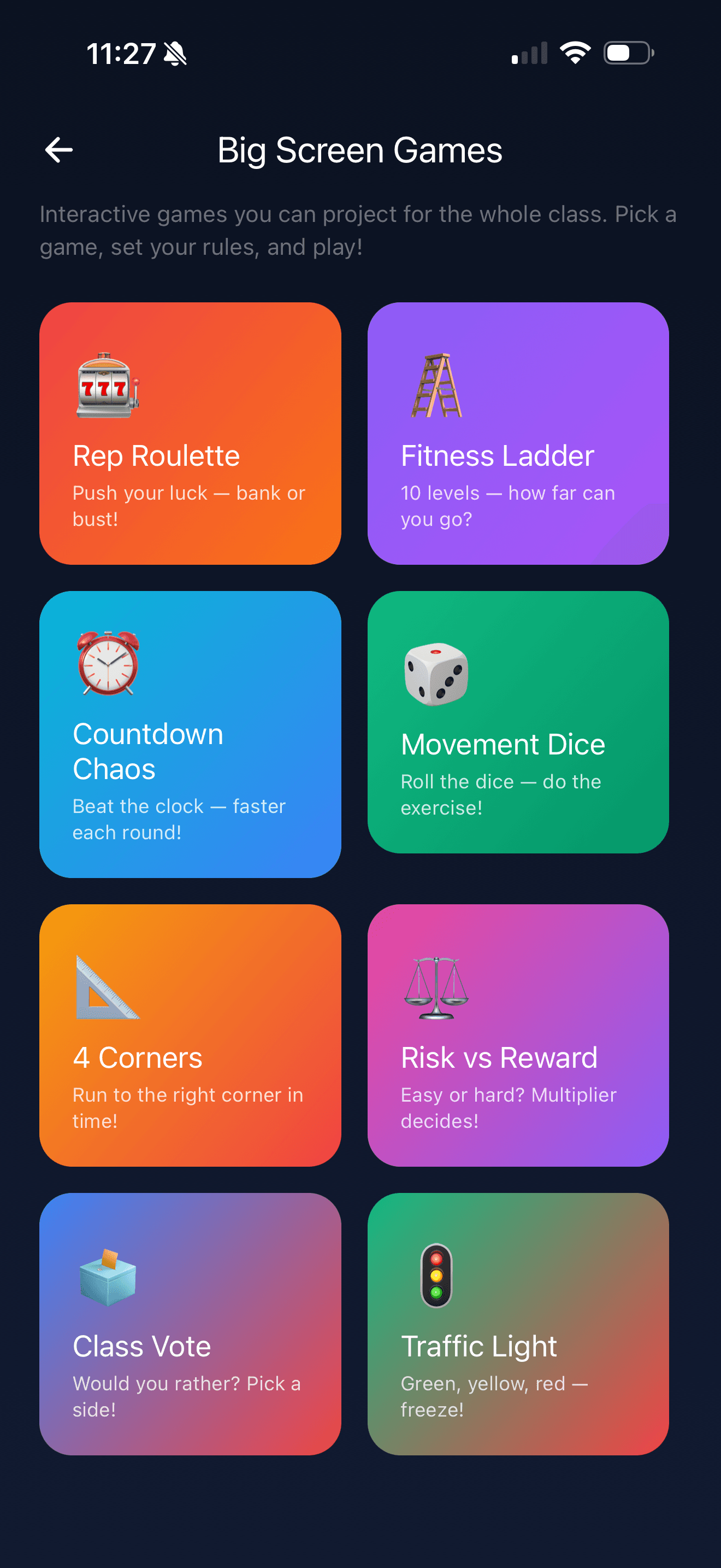 Big Screen Games screen showing projected-for-class games