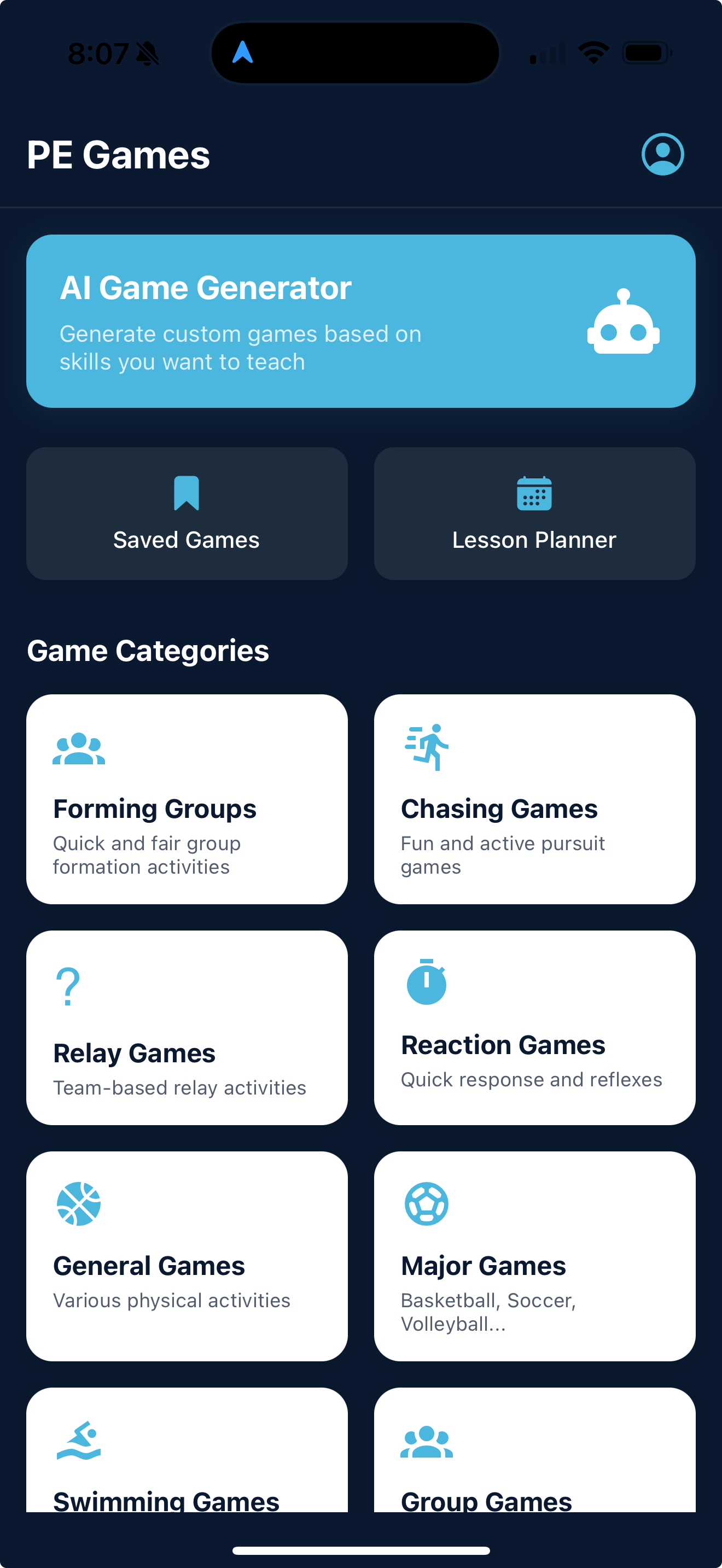 PE Games App Interface